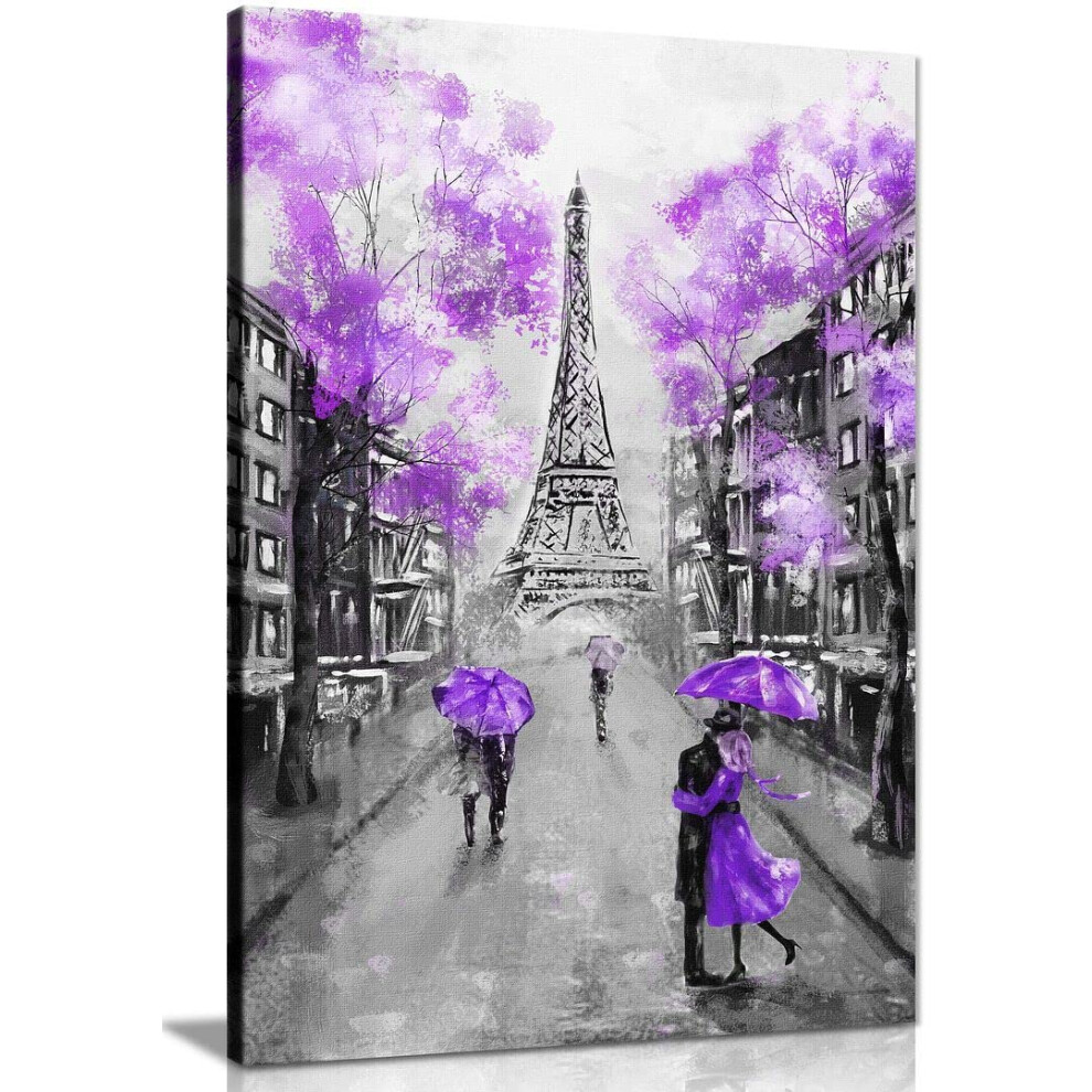 Tableau mural sur toile repr   sentant Paris en noir et blanc et violet, d   coration d'int   rieur, 76 x 51 cm (30 x 20 pouces)