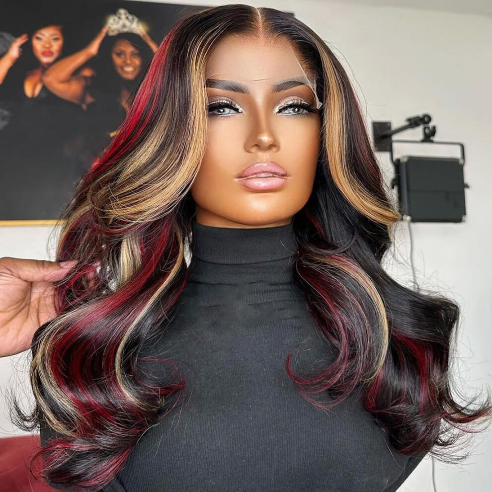 Abgese Black Red Blonde Highlights Wig Human Hair Body Wave Skunk Stripe Human Hair Wig 180% Density Blonde Red Highlights 13X4 Hd Lace Front Glueless Balaya
