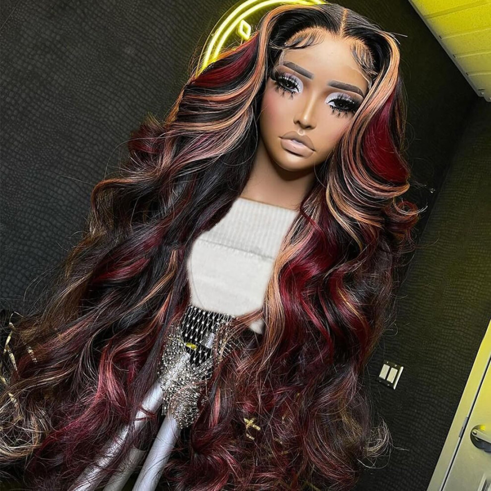 Abgese Black Red Blonde Highlight Wig Human Hair Body Wave Skunk Stripe Human Hair Wig 180% Density Blonde Red Highlights 13X4 Hd Lace Front Glueless Balayag