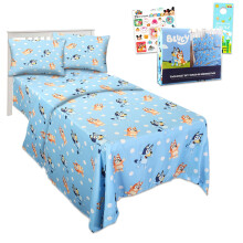 t avec draps de lit bleu avec feuille plate et taie d'oreiller pour lit jumeau plus autocollants plus | Bluey Sheets Twin pour les filles garons