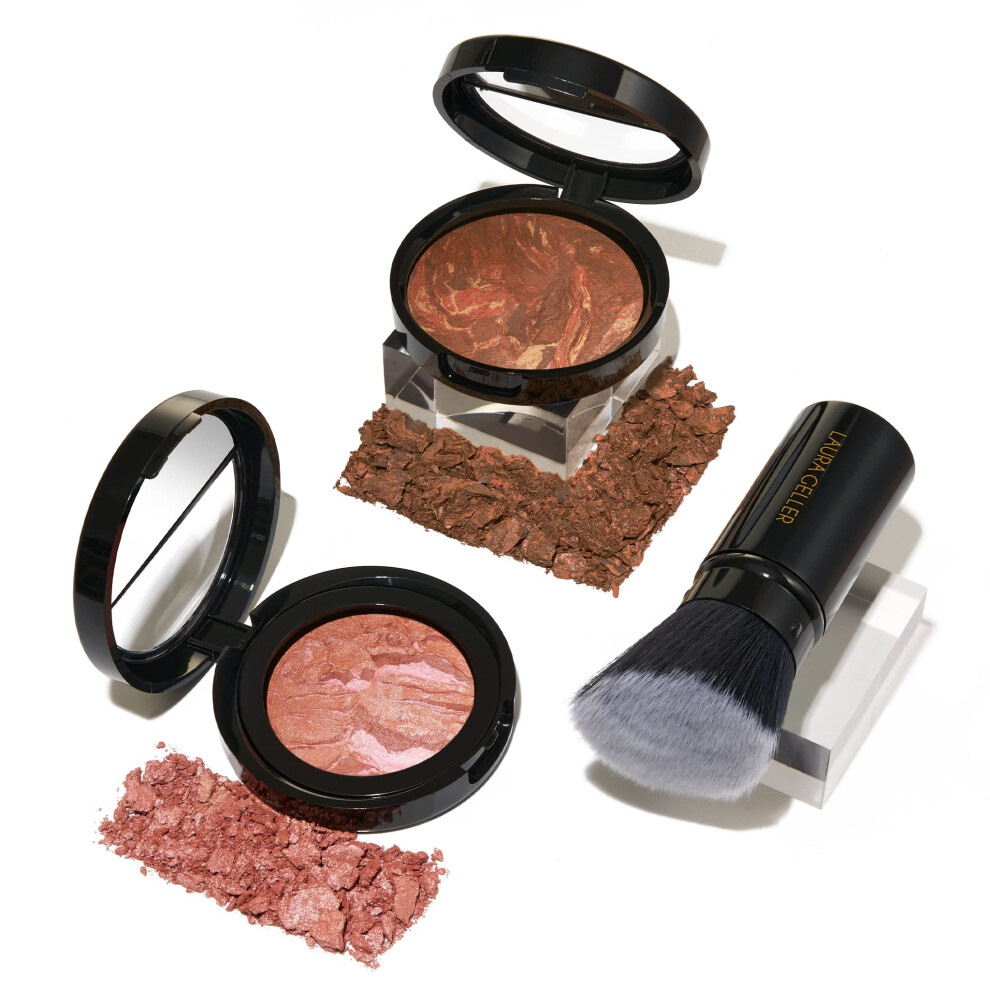 Blush-n-Glow Kit (3 PC): LAURA GELLER NEW YORK Baked Balance-N-Glow Illuminating CC Powder Foundation Toffee  Retractable Kabuki Brush  Baked Blush-N-