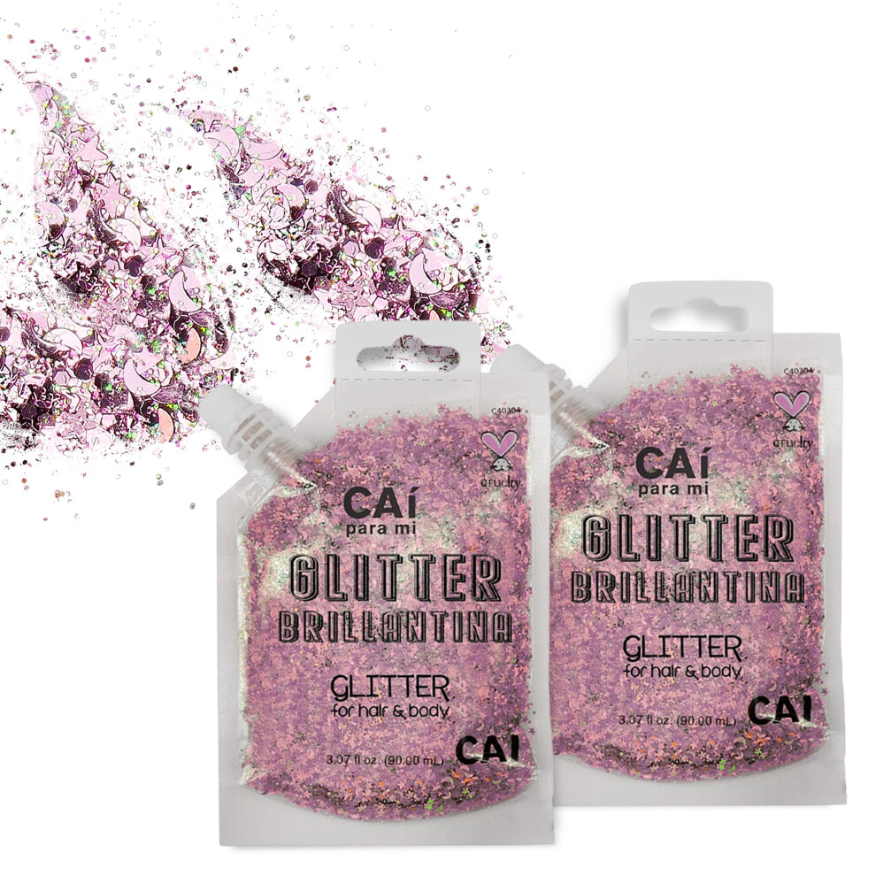 Gel Pailleté Pour Le Corps - Visage, Corps Et Cheveux (Lot De 2, Rose/Rose), éToiles Et Lune Holographiques IriséEs éPaisses, 170 G | Maquillage-image