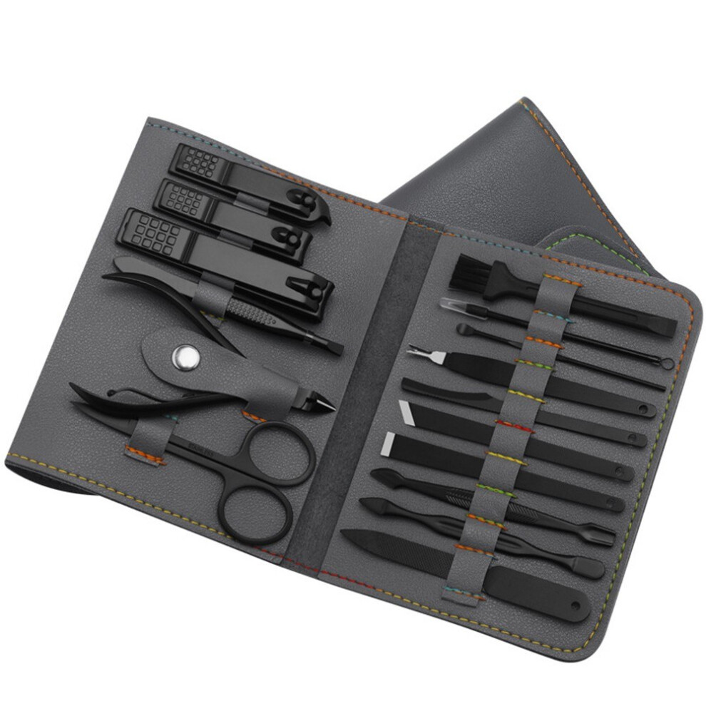 (gray) 16pcs/set Nail Clipper Cutter Trimmer Ear Pick Grooming Kit Manicure Set