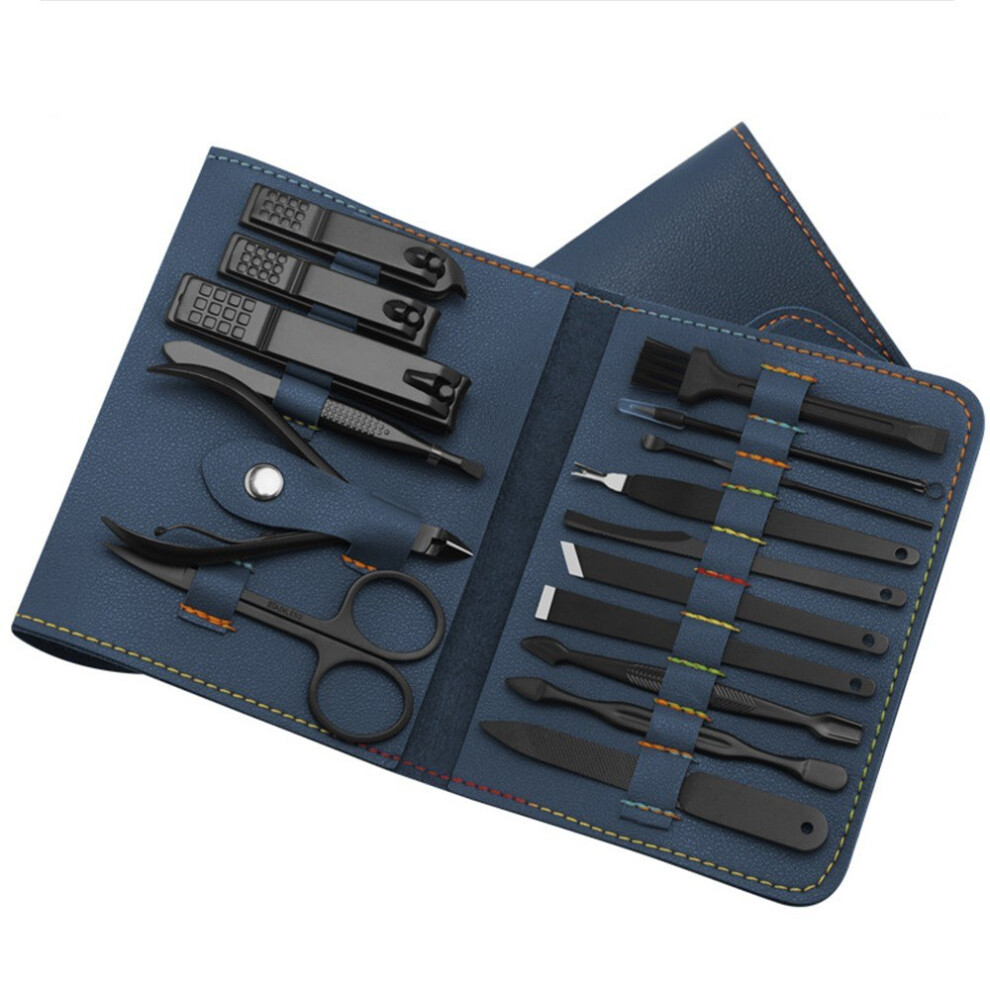 (blue) 16pcs/set Nail Clipper Cutter Trimmer Ear Pick Grooming Kit Manicure Set