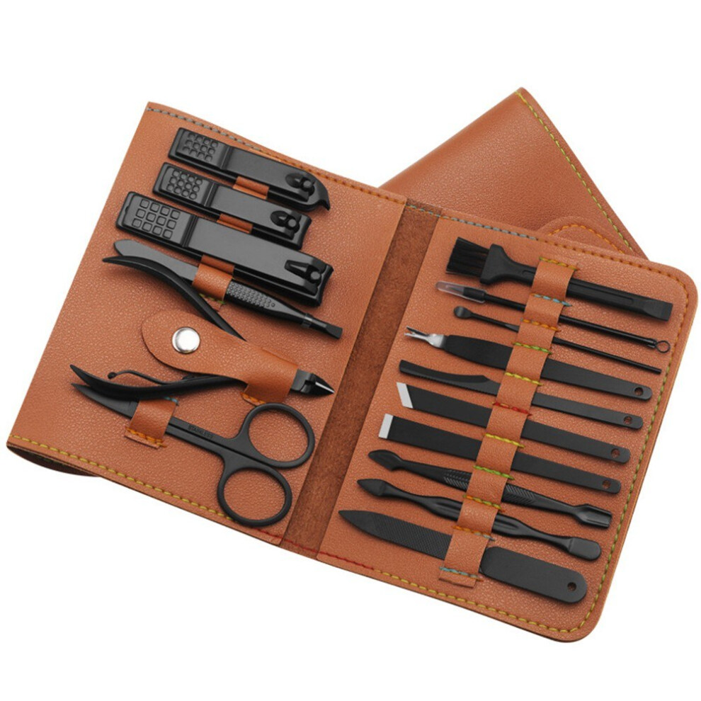 (brown) 16pcs/set Nail Clipper Cutter Trimmer Ear Pick Grooming Kit Manicure Set