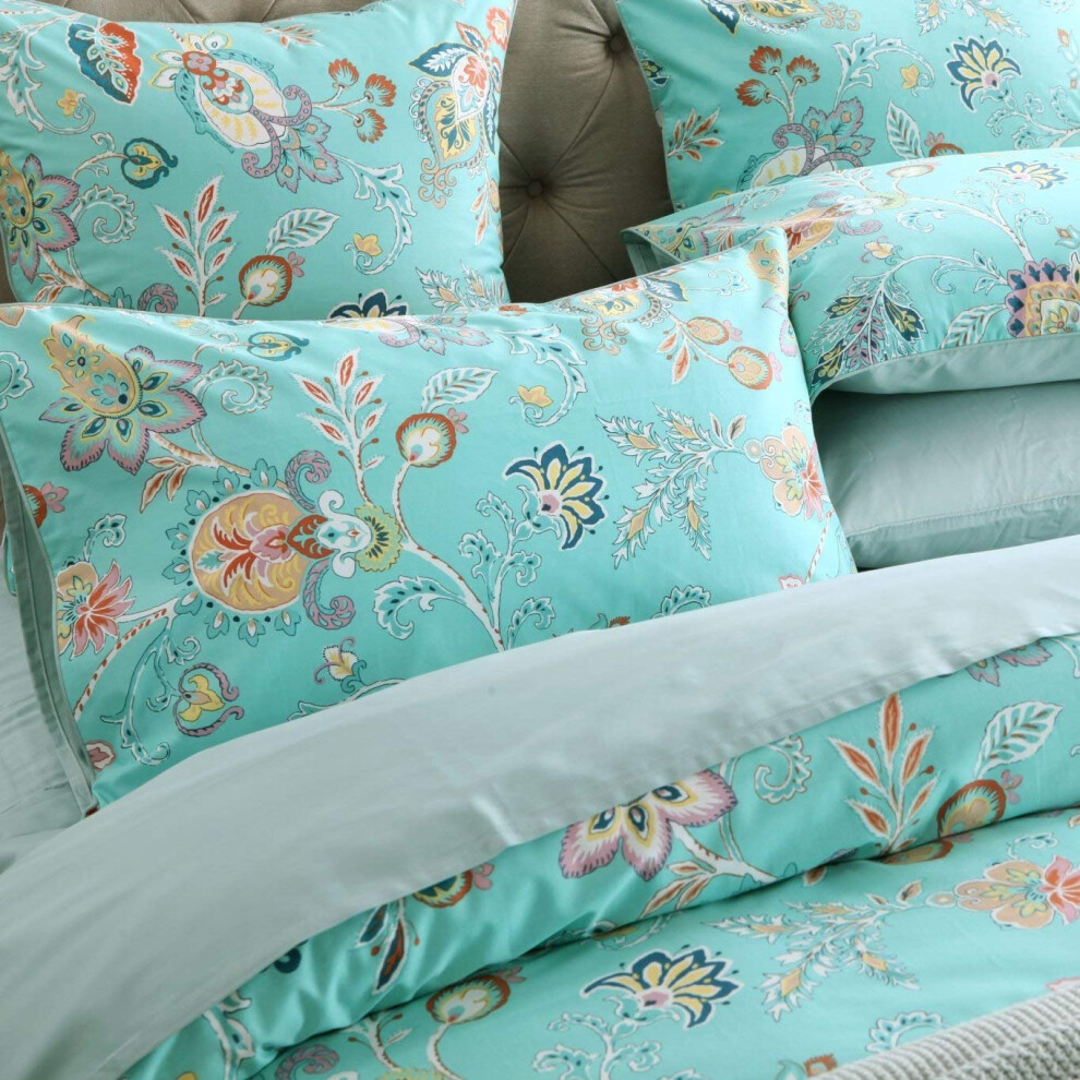 Parure de lit Brandream Boho Paisley King Size (1 housse de couette + 2 taies d'oreiller) en coton bleu sarcelle, luxueuse parure de lit florale damas