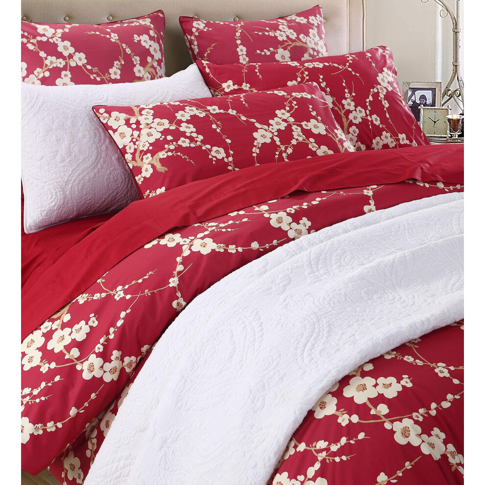 Parure de lit 3 pi   ces en satin de coton    gyptien 800 fils, motif floral chinois, style oriental japonais, motif cerisier, rouge, Queen