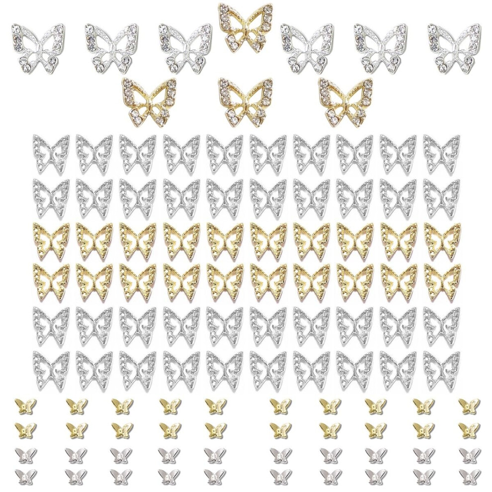 Qiipii Golden/Silver Butterfly Nail Charms 110Pcs 3D Butterfly Charms For Acrylic Nails 10 Butterflies Nail Rhinestones Gems Charms +100 Alloy Studs Nail