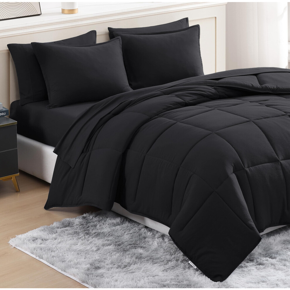 Parure de lit California King Size noire Casa Platino 7 pi   ces pr   lav   e en microfibre - Comprend une couette, un drap-housse, 2 taies d'oreiller