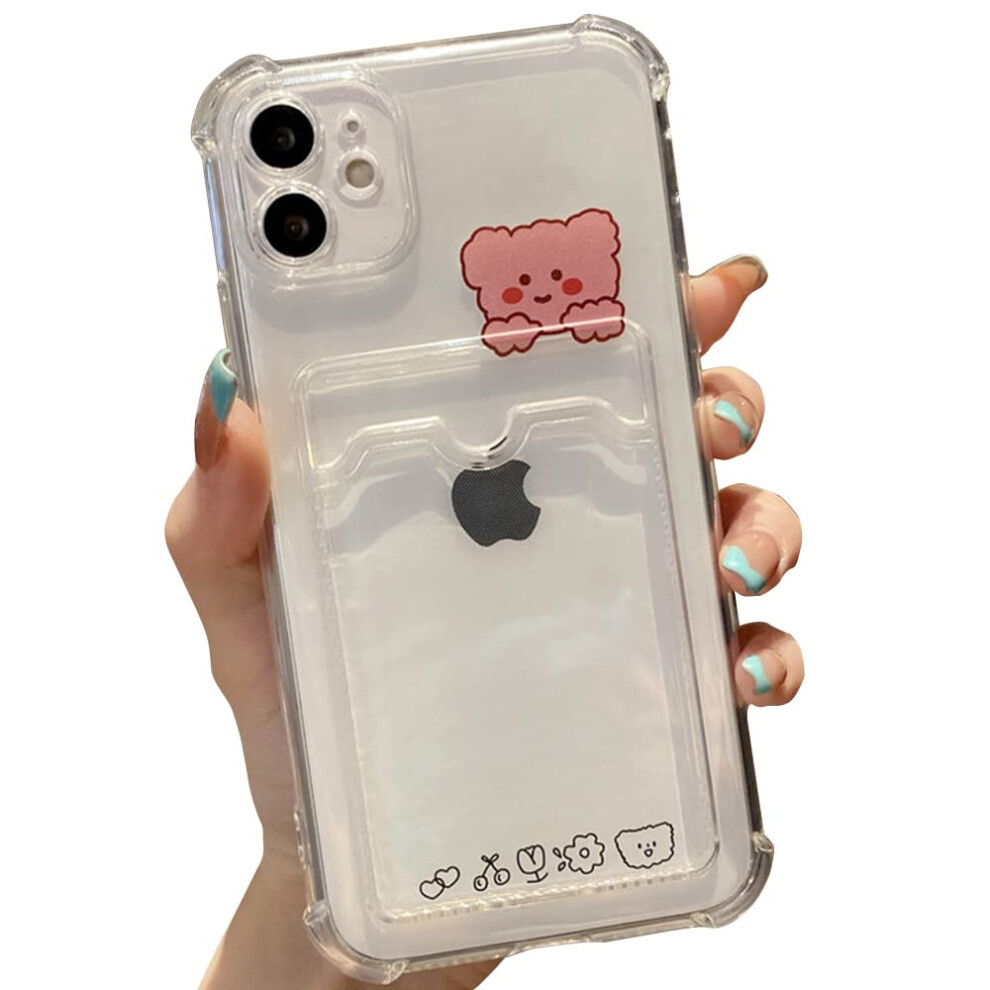 Casechics Compatible avec iPhone Case Cute Kawaii Cartoon Bunny Bear Clear Credit Slot Holder Wallet Transparent Corner Protection Soft Shockproo