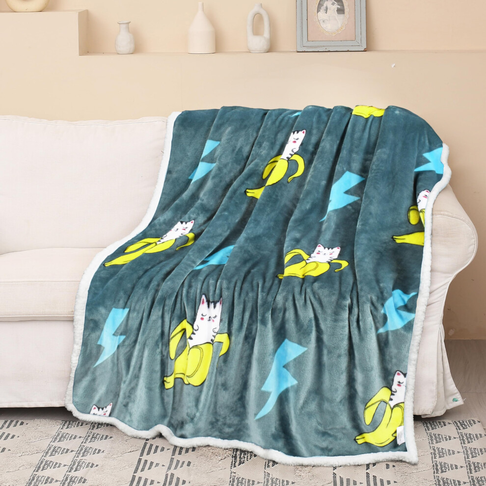 Coperta In Pile Sherpa Con Stampa Di Gatto E Banana Catalonia, Morbida Coperta In Visone Per Divano, Soffice E Confortevole, Calda E Accogliente,-image
