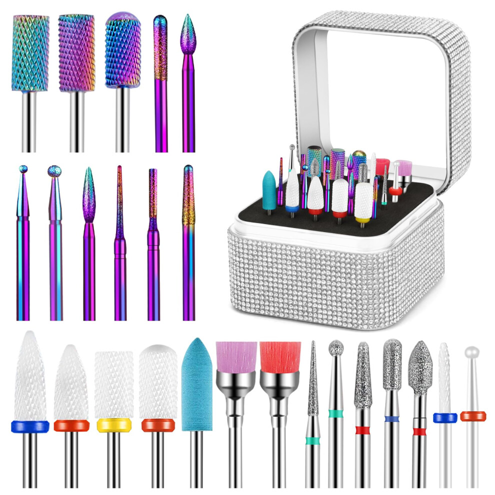 Cellentool 25Pcs Nail Drill Bits Set With Storage Box 3/32 Inch Tungsten Ceramic Diamond Carbide Nail Drill Bits For Acrylic Gel Polish Cuticle Efil 751069820695