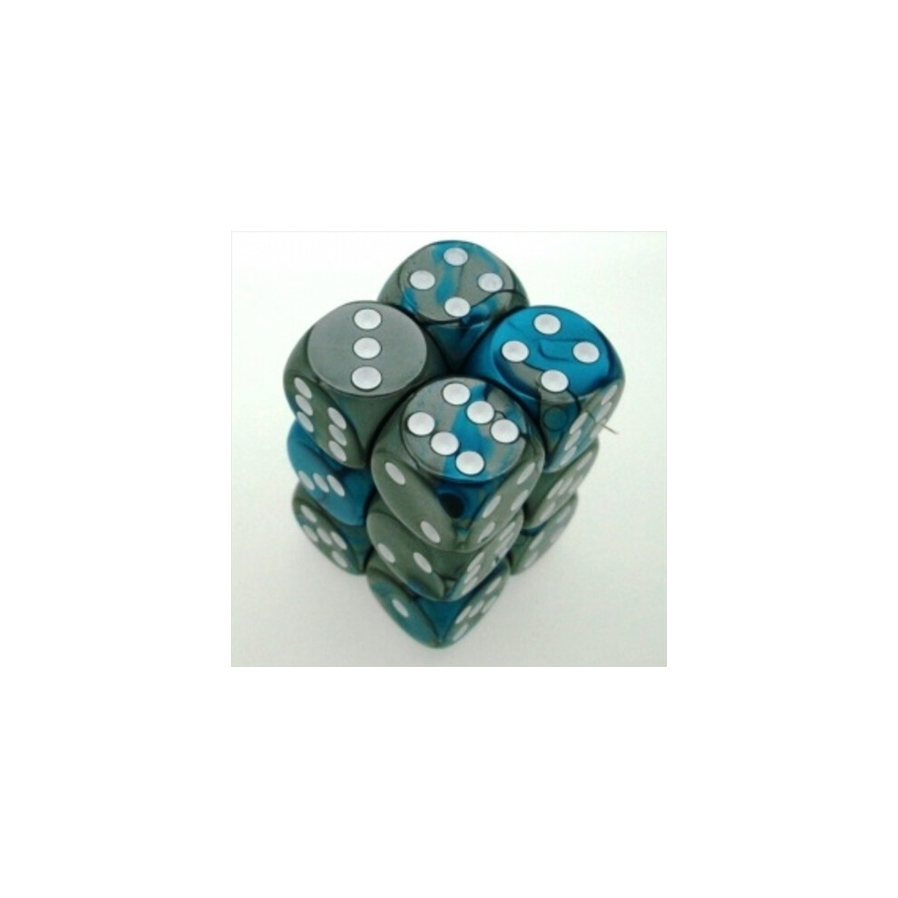 Chessex Manufacturing 26656 D6 Cube Gemini, Lot De 12 D S - 16 Mm - Acier Et Bleu Sarcelle Avec Num Rotation Blanche-image