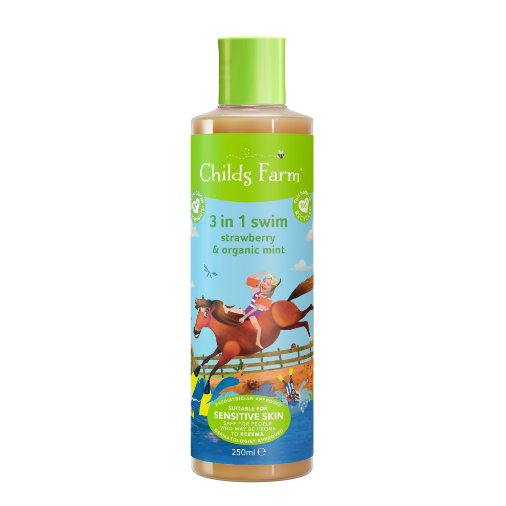 Childs Farm  Kids 3 in 1 Swim  Strawberry and Organic Mint  Body Wash  Shampoo and Conditioner  Suitable for Dry  Sensitive and Eczema-Prone Skin  8.4