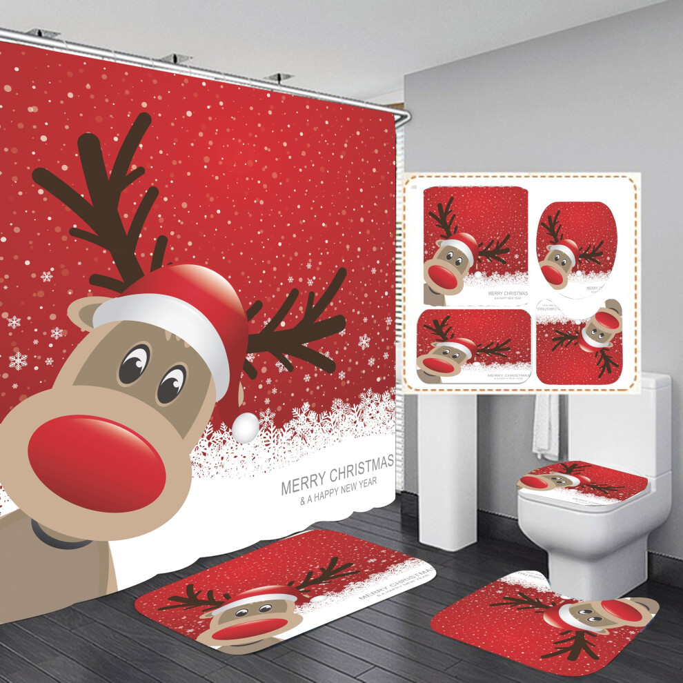 Baboies Christmas Shower Curtain Sets For Bathroom 4Pcs Xmas Shower Curtain/Non-Slip Bathroom Rugs/Lid Toilet Cover/Bath Mat Funny Santa Claus Elk Snowman D