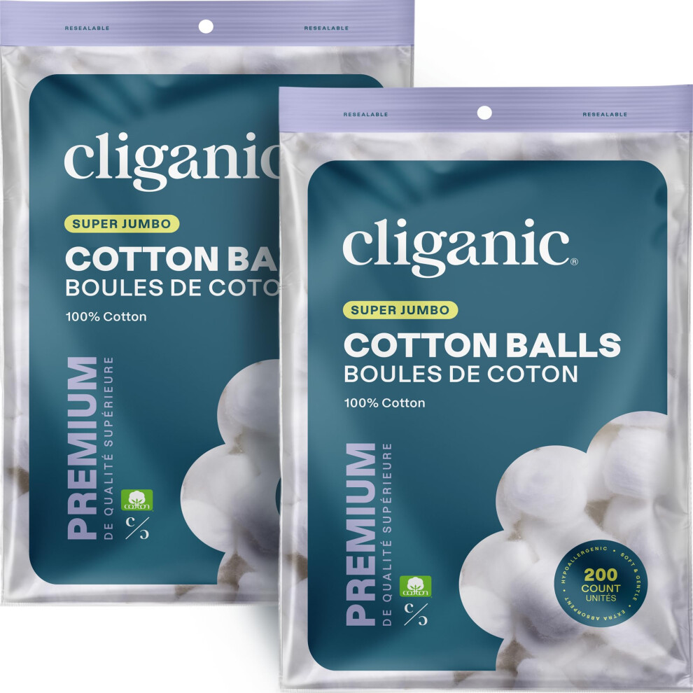 Cliganic Super Jumbo Cotton Balls (400 Count) - Hypoallergenic Absorbent Large Size 100% Pure (Packaging May Vary)
