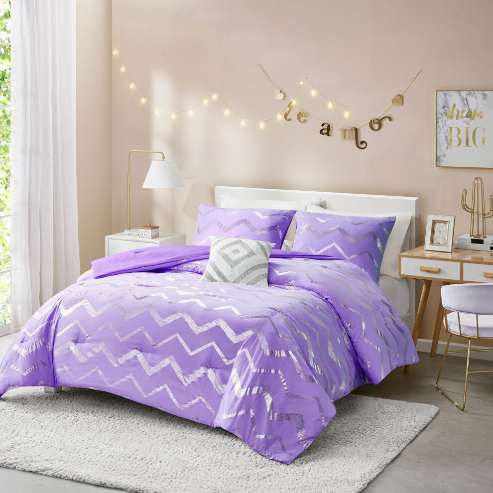 Parure de lit double XL Codi - Jolie parure de lit violette avec couette à imprimé métallisé - Ensemble 3 pièces pour filles comprenant 1 couette