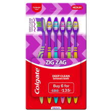 Colgate ZigZag Toothbrush for Deep Inter dental Clean with multi angle zig zag bristles Medium  Pack of 6