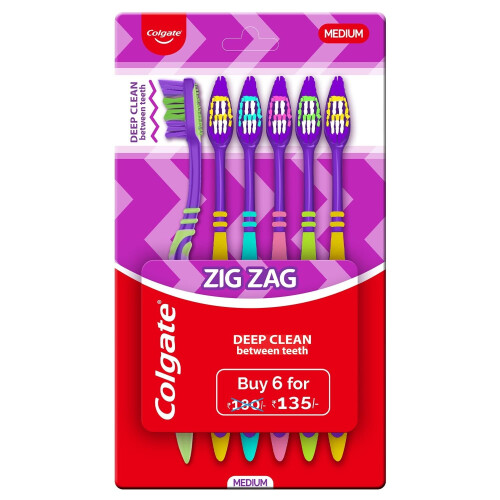 Colgate Colgate ZigZag Toothbrush for Deep Inter dental Clean with multi angle zig zag bristles Medium  Pack of 6