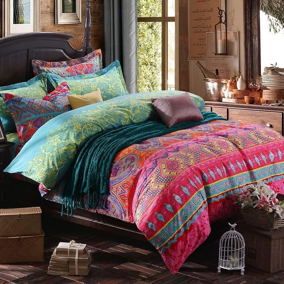 Housse de couette double CottonLife Boho, ensemble de literie 3 pi   ces en coton doux, style boh   me ethnique, color   , chic, bleu sarcelle, imprim
