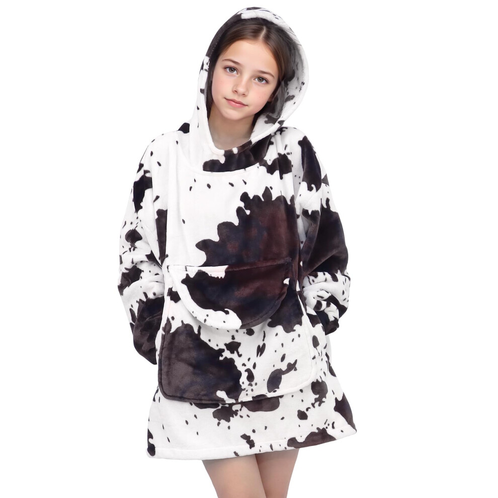 cow print Wearable Blanket Hoodie Cozy Soft Brown and White Oversize Sweatshirt Blanket Hoodies Gifts for Teens Girls Boys 6-13 Year Old