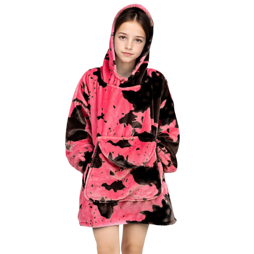 cow print Oversize Wearable Blanket Hoodie 6-13 Year Old Cozy Soft Hot Pink Hooded Fleece Flannel Sweatshirt Blanket Hoodies Birthday Gifts for Girls