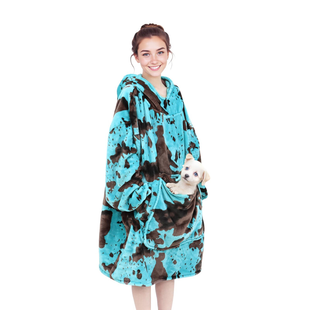 cow print Wearable Blanket Hoodie Turquoise Fleece Sweatshirt Blanket with Giant Hood Pocket and Sleeves Teal Blue Birthday Gifts for Men Women