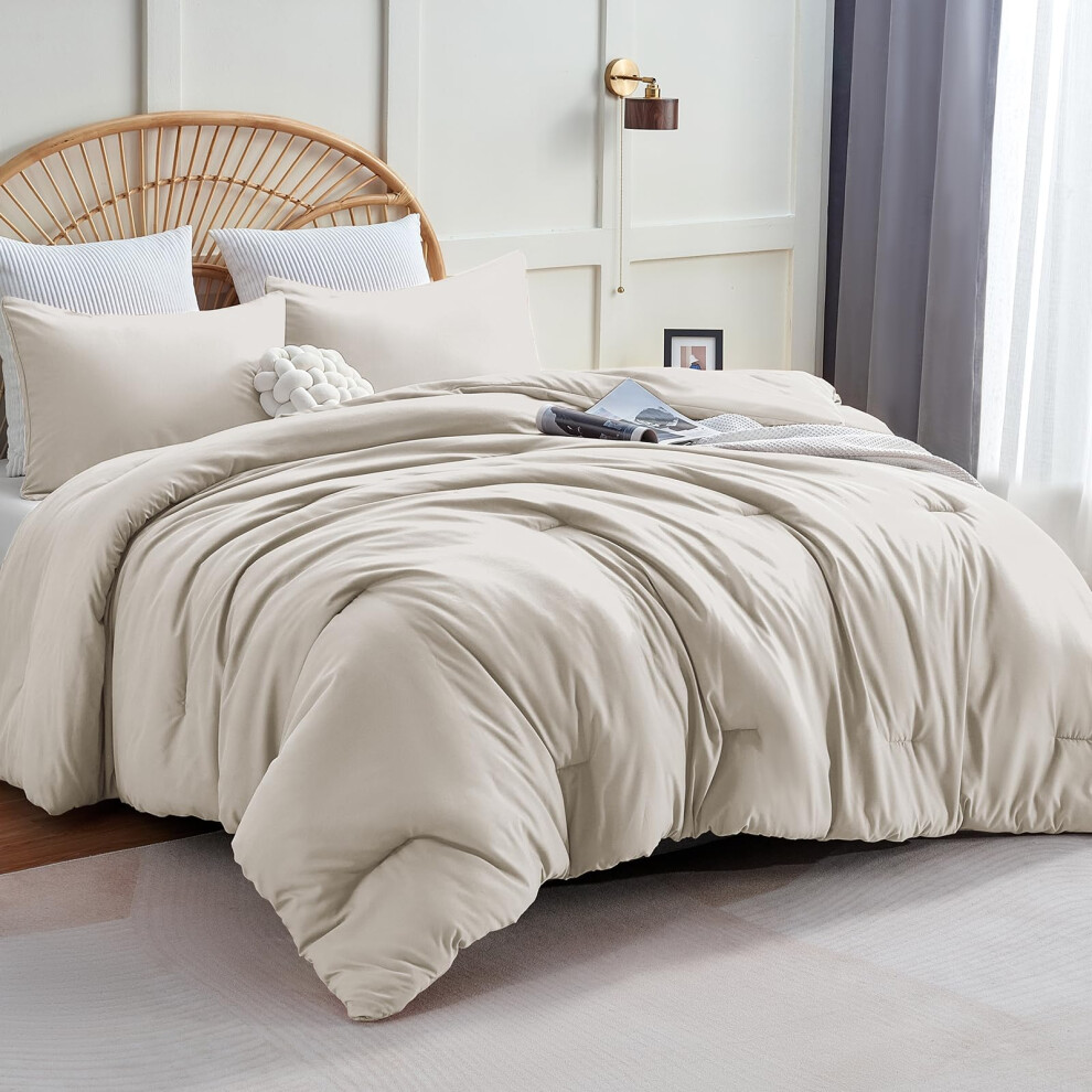 CozyLux California King Parure de lit beige 3 pi   ces style boh   me, unie, respirante, luxueuse et confortable, en microfibre douce et moelleuse, p