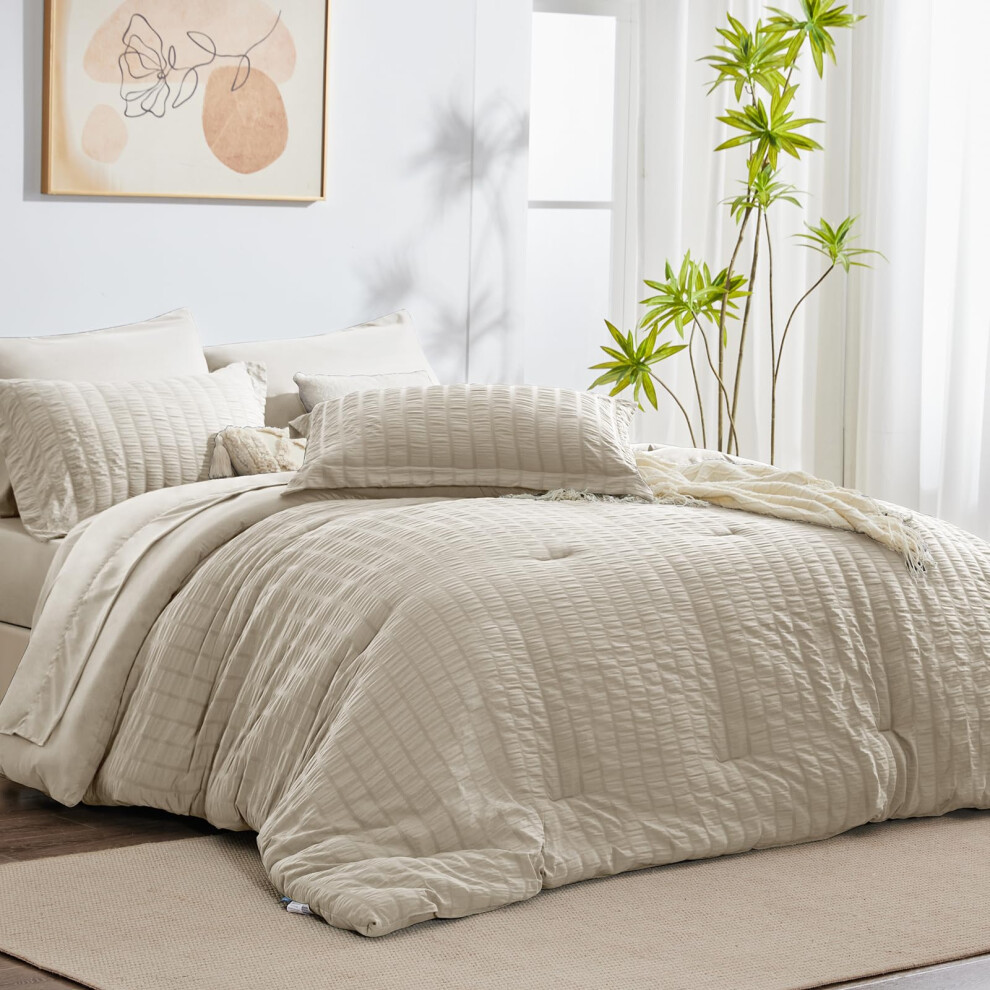 Ensemble de couette en seersucker CozyLux avec draps, ensemble de literie toutes saisons 7 pi  ces Oatmeal Bed in a Bag avec couette, taie d'oreiller,