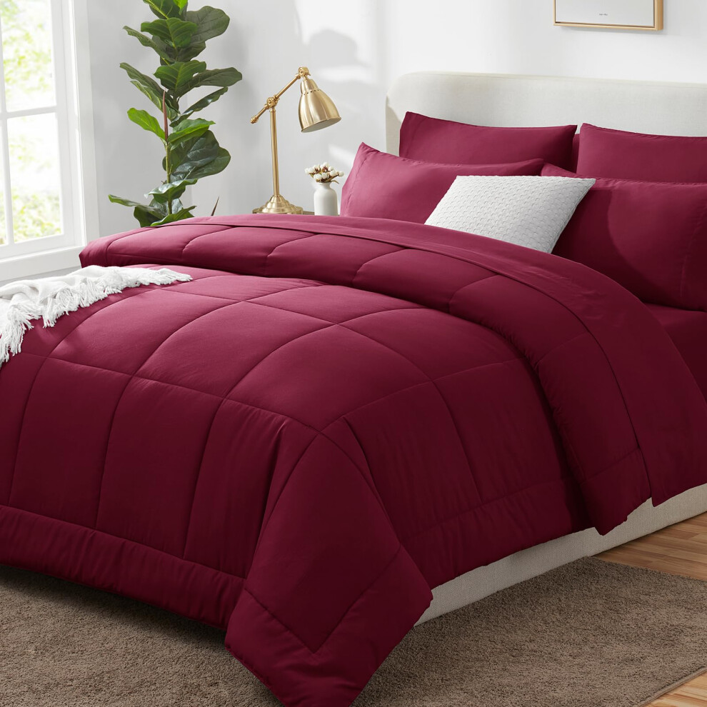 Ensemble de couette CozyLux pour lit double - Ensemble de literie 7 pi   ces bordeaux pour lit double avec couette matelass   e toutes saisons, drap