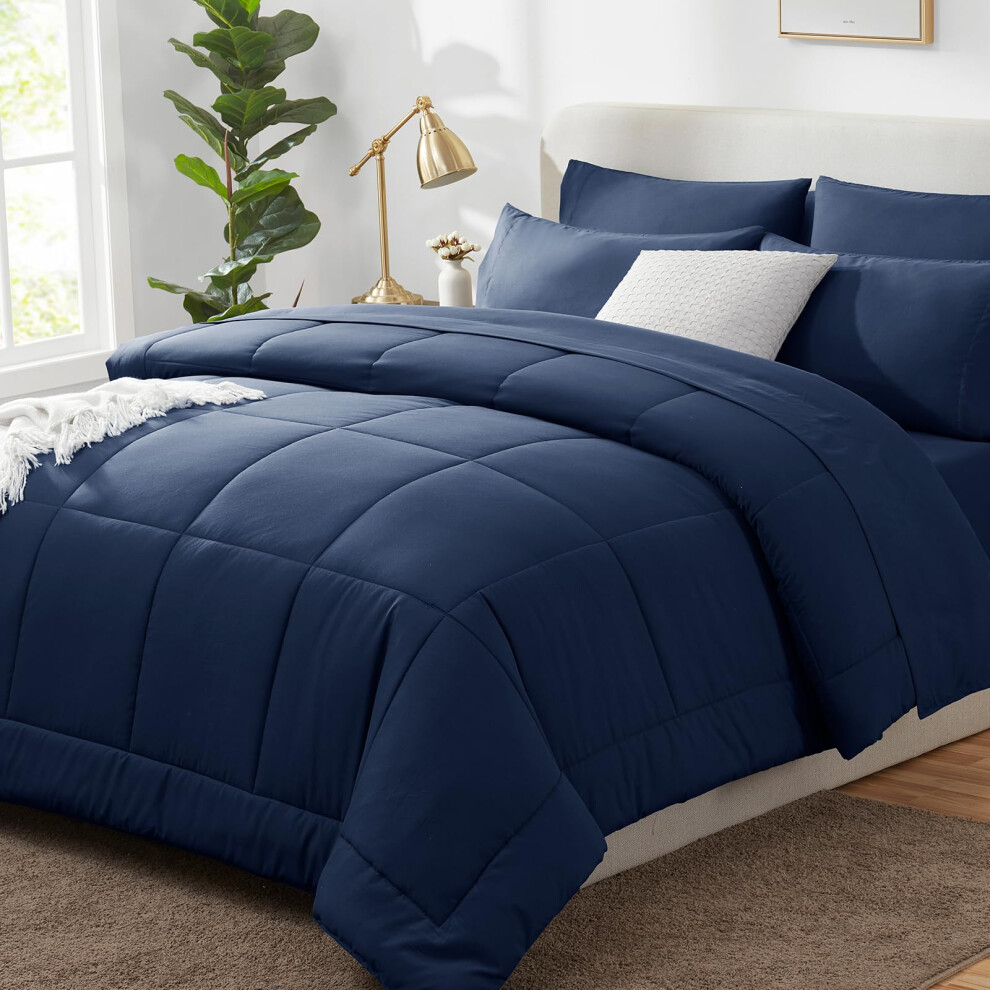 CozyLux Parure de lit 7 pi   ces pour lit double Bleu marine avec couette matelass   e toutes saisons, drap plat, drap-housse et taies d'oreiller Ble