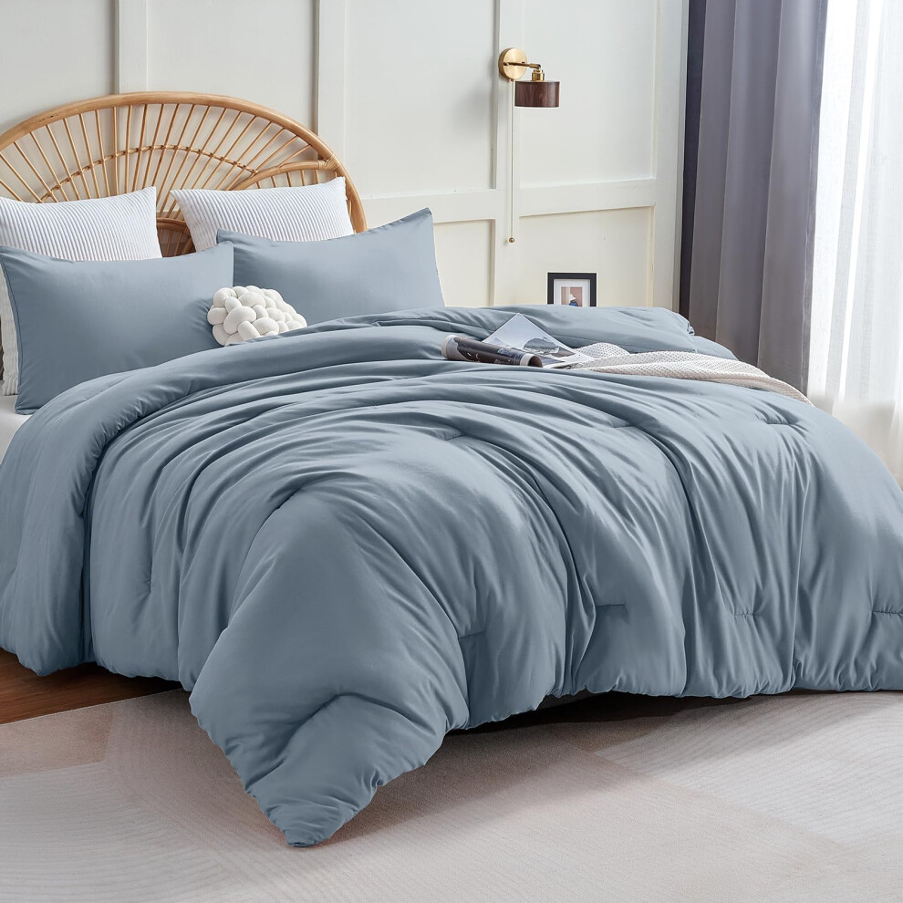 CozyLux Parure de lit 3 pi   ces bleu gris pour lit double, style boh   me, matelass   e, respirante et unie, luxueuse et moelleuse, en microfibre, id