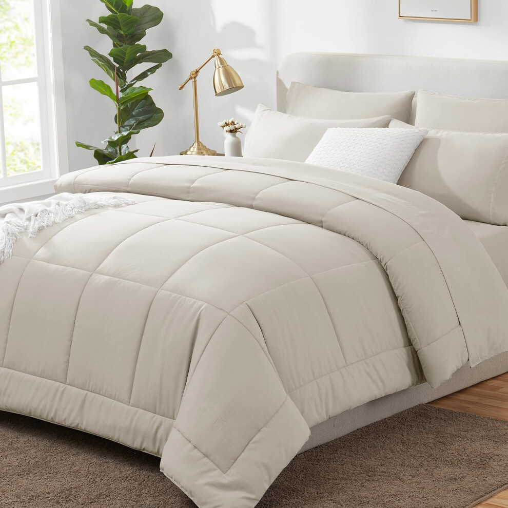 CozyLux Parure de lit Queen Size - 7 pi   ces - Parure de lit beige - Queen size avec couette matelass   e toutes saisons, drap plat, drap-housse et