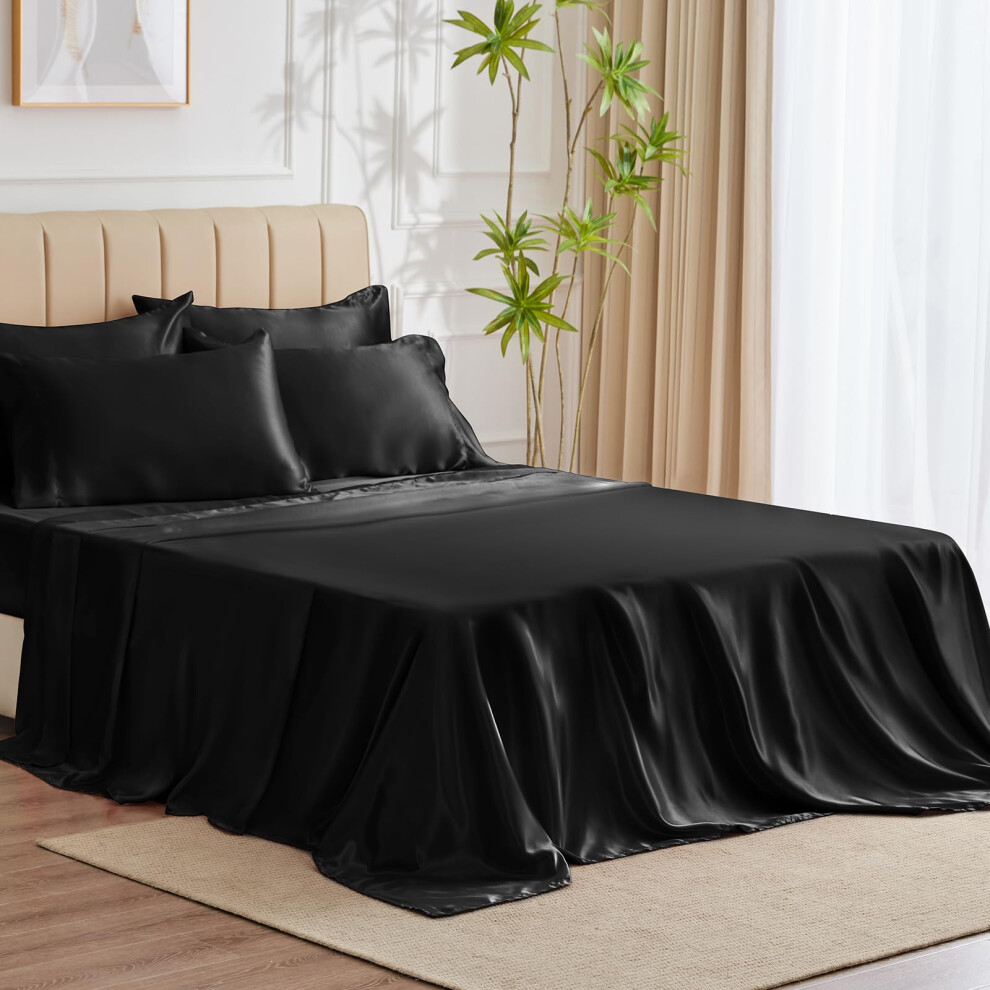 Draps en satin CozyLux pour lit double - Parure de lit noire 6 pi   ces avec microfibre soyeuse, 1 drap-housse     poche profonde, 1 drap plat et 4 t