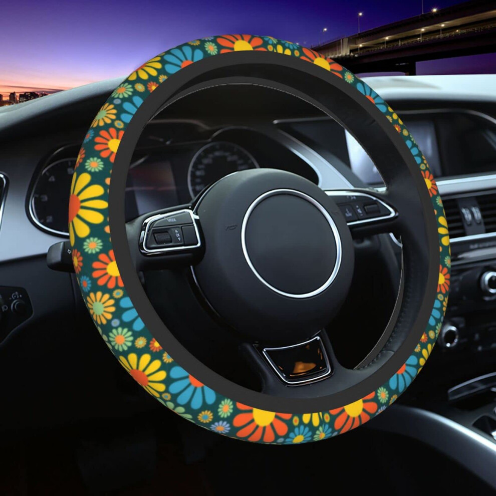 Schattige Hippie Flower Stuurhoes 15 Inch Voor Vrouwen Mannen Neopreen Antislip Bloemen Auto Stuurhoes Wrap Auto Accessoires Beschermende Hoes-image