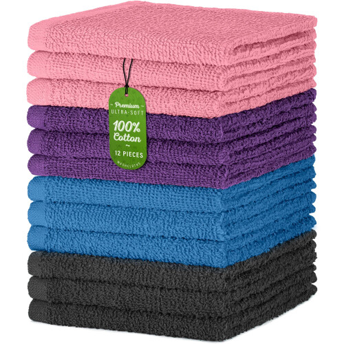 DecorRack 12 Pacote 100% Algodão Toalha de Lavagem, Luxuosa Maciez, 12 x 12 polegadas Ultra Absorvente