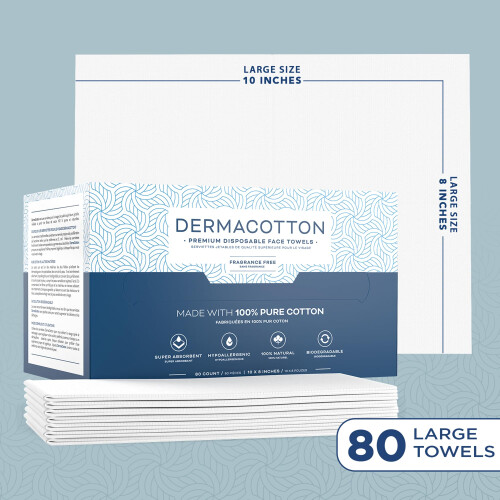 Pacote Dermacotton [80 Toalhas de Algodão Descartáveis], 10x8 polegadas, 100% Biodegradáveis - Toalhas Faciais Super Macias 1