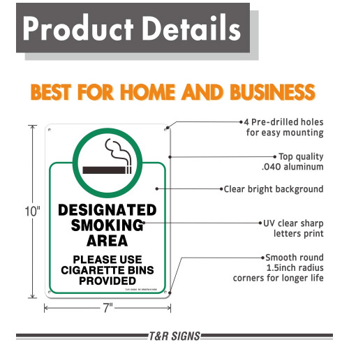 Designated Fuming Area Sign Set Use Bins Cigarte Signo - 2 Pacote - 10 x 7 polegadas Ferr   ia. 1
