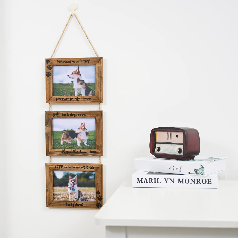 Cadre photo mural pour chiens 5x7 Collage 3 cadres photo Galerie de ferme avec corde de chanvre Cadres photo pour animaux de compagnie en bois marron