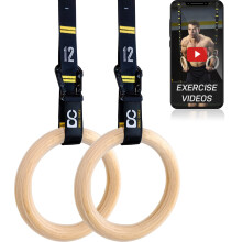 Double Circle Wood Gymnastic Rings med snabba justerade numrerade remmar och trningsvideor Guide - Full Body Workout - Calisthenics Hem Gym (rin