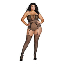 Dreamgirl Dames Plus Visnet & Geometrische Teddy Bodystocking Zwart One Size Queen
