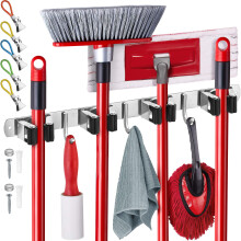 Effektivtools Mop et support de support de support - Organisateur de cintre a balai en acier inoxydable auto-adhesif - 4 pinces 3 crochets 5 serv