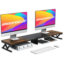 Ergofocus Dual Monitor Stand Riser Large Wood Monitor Riser til 2 Monitors Monitor Lift med opbevaring til skrivebord Robust Wood & Steel Multi S