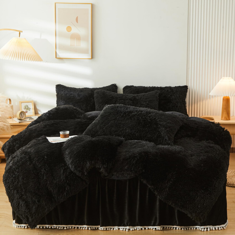 Parure de lit 3 pi  ces en fausse fourrure noire ERLOXO (1 housse de couette en fausse fourrure + 2 taies d'oreiller)