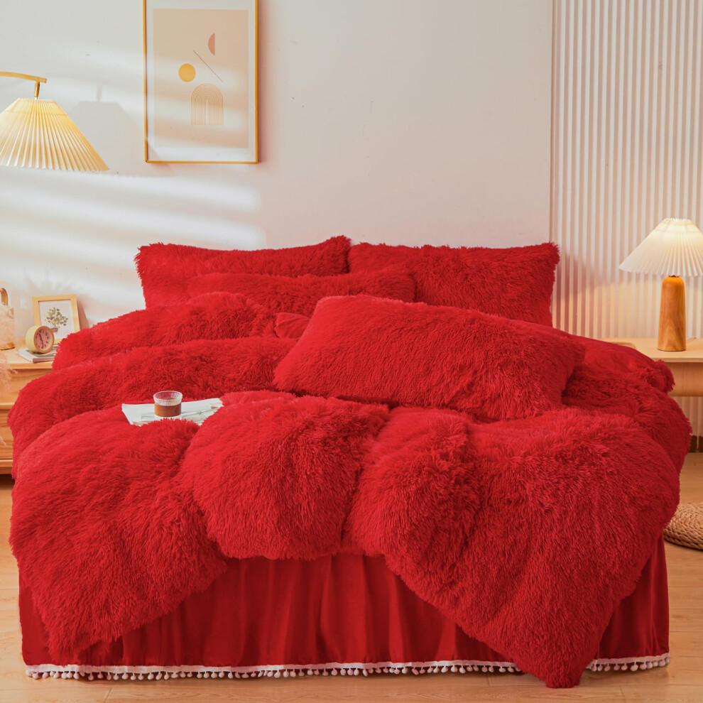 Parure de lit 3 pi  ces en fausse fourrure rouge ERLOXO (1 housse de couette en fausse fourrure + 2 taies d'oreiller)