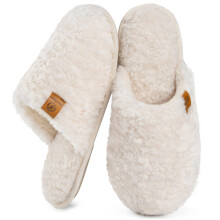 EverFoams Women's Fuzzy Slip-on Slippers Warm Cozy Soft Lightweight Memory Foam Indoor House Shoes Cream White 9-10 US