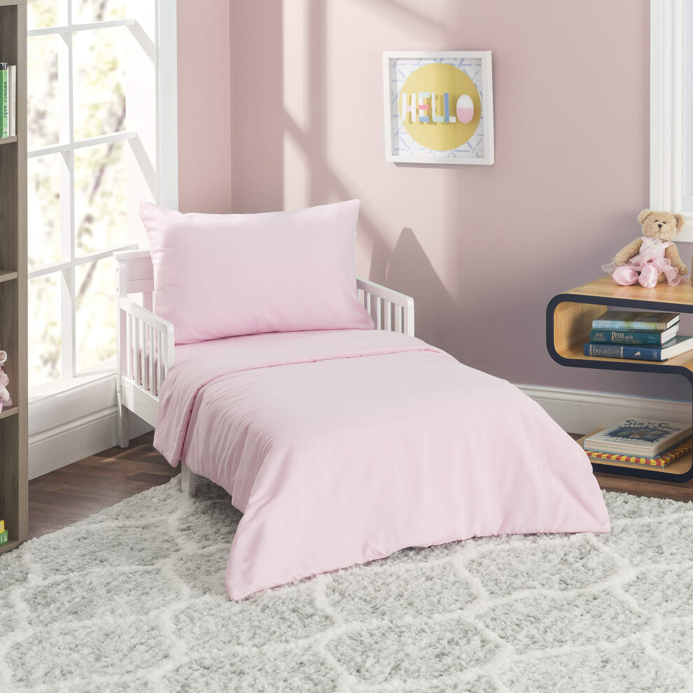 Parure de lit 4 pi   ces pour tout-petits EVERYDAY KIDS - Comprend une couette, un drap-housse et une taie d'oreiller r   versible - Rose uni