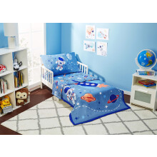 EVERYDAY KIDS 4 Piece Toddler Bedding Set - Outer Space Adventures - Includes Comforter Flat Sheet Fitted Sheet and Reversible Pillowcase