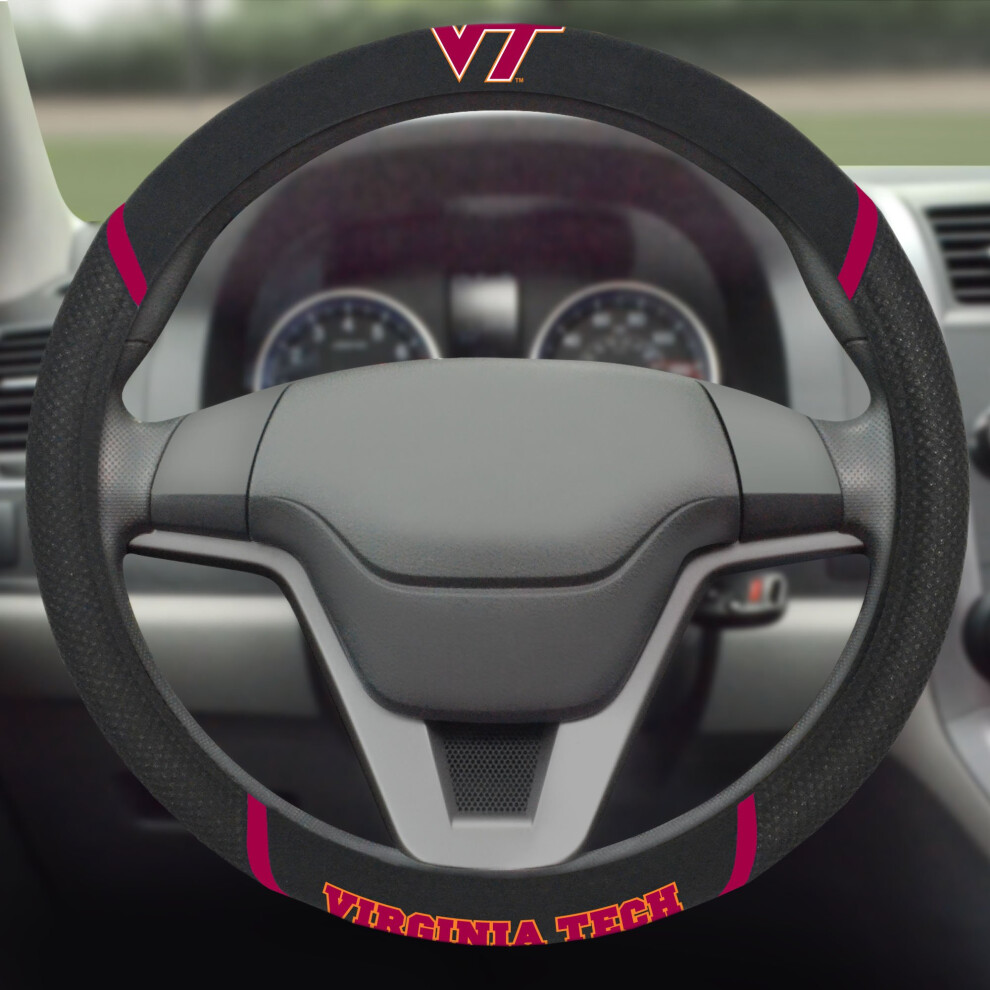 Fanmats 14939 Virginia Tech Hokies Embroidered Steering Wheel Cover 15"""" X 15"""" Black 842989049393