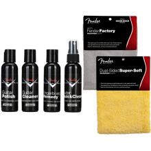 Fender Guitar Super Care Kit Bundle With Custom Shop Deluxe Guitar Care System 4 Pack Super-Soft Dual-Sided Microfiber Cloth and Fender Factory M